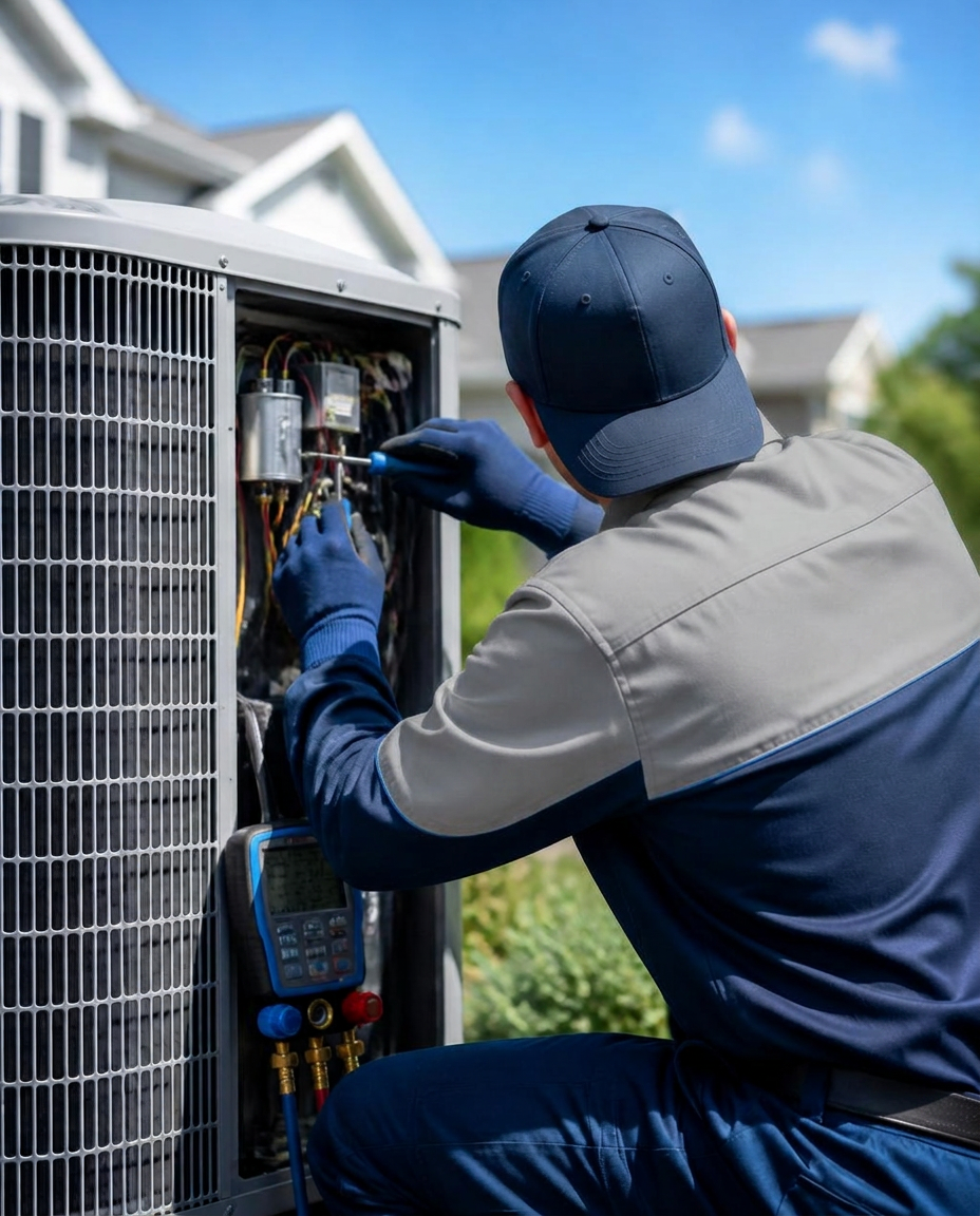 Licensed HVAC technician servicing a residential air conditioning unit